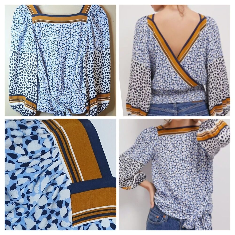 Maeve Anthropologie Blouse Sz XS Balloon Sleeves Open Back Smocked Waist EUC